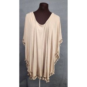 Chicos Size 2 Sonora‎ Sand Tan Pompom Convertible Top Attached Poncho Sz L